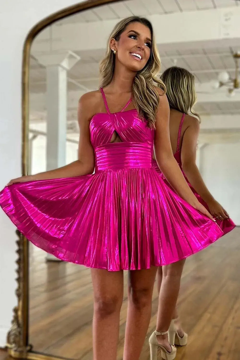 Metallic Homecoming Dress | Cutout Pleated A-Line Short Prom Gown