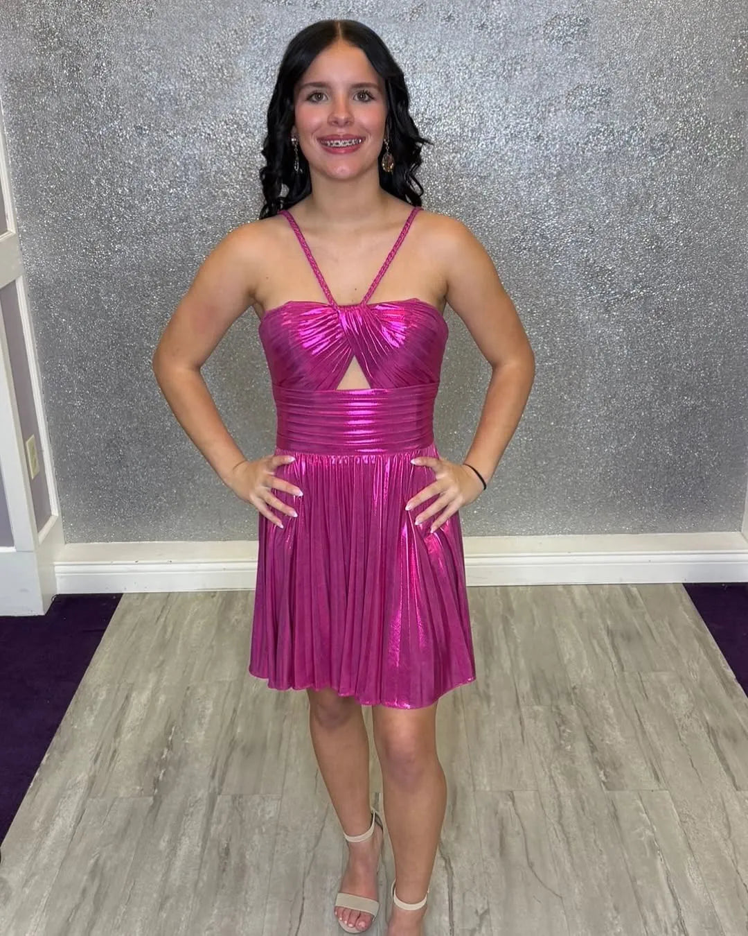 Metallic Homecoming Dress | Cutout Pleated A-Line Short Prom Gown