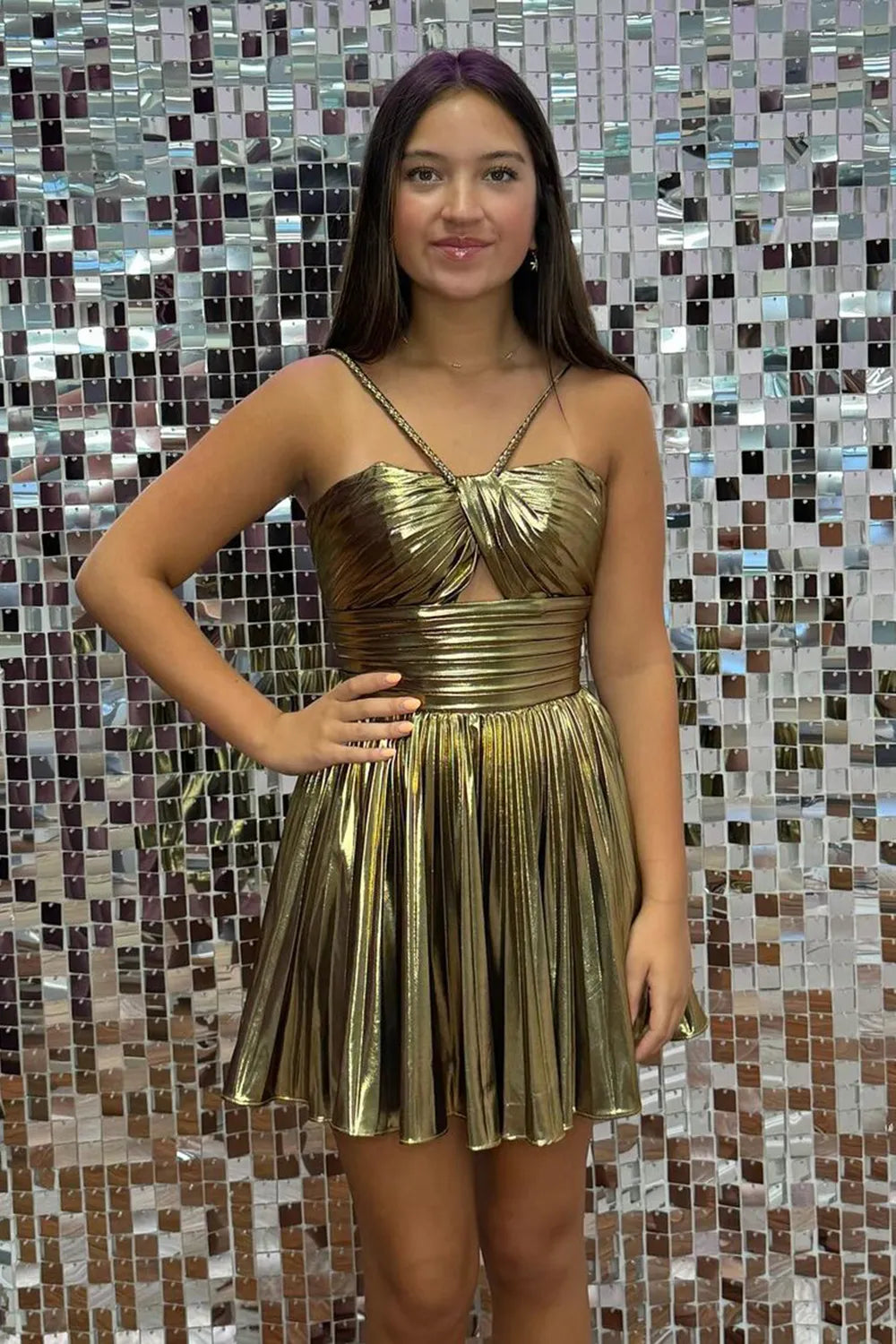 Metallic Homecoming Dress | Cutout Pleated A-Line Short Prom Gown
