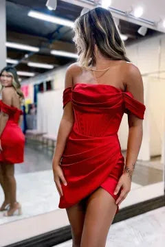 Off The Shoulder Satin Corset Homecoming Dress | Ruched Wrap Slit Bodycon Mini Cocktail Dress