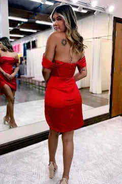 Off The Shoulder Satin Corset Homecoming Dress | Ruched Wrap Slit Bodycon Mini Cocktail Dress