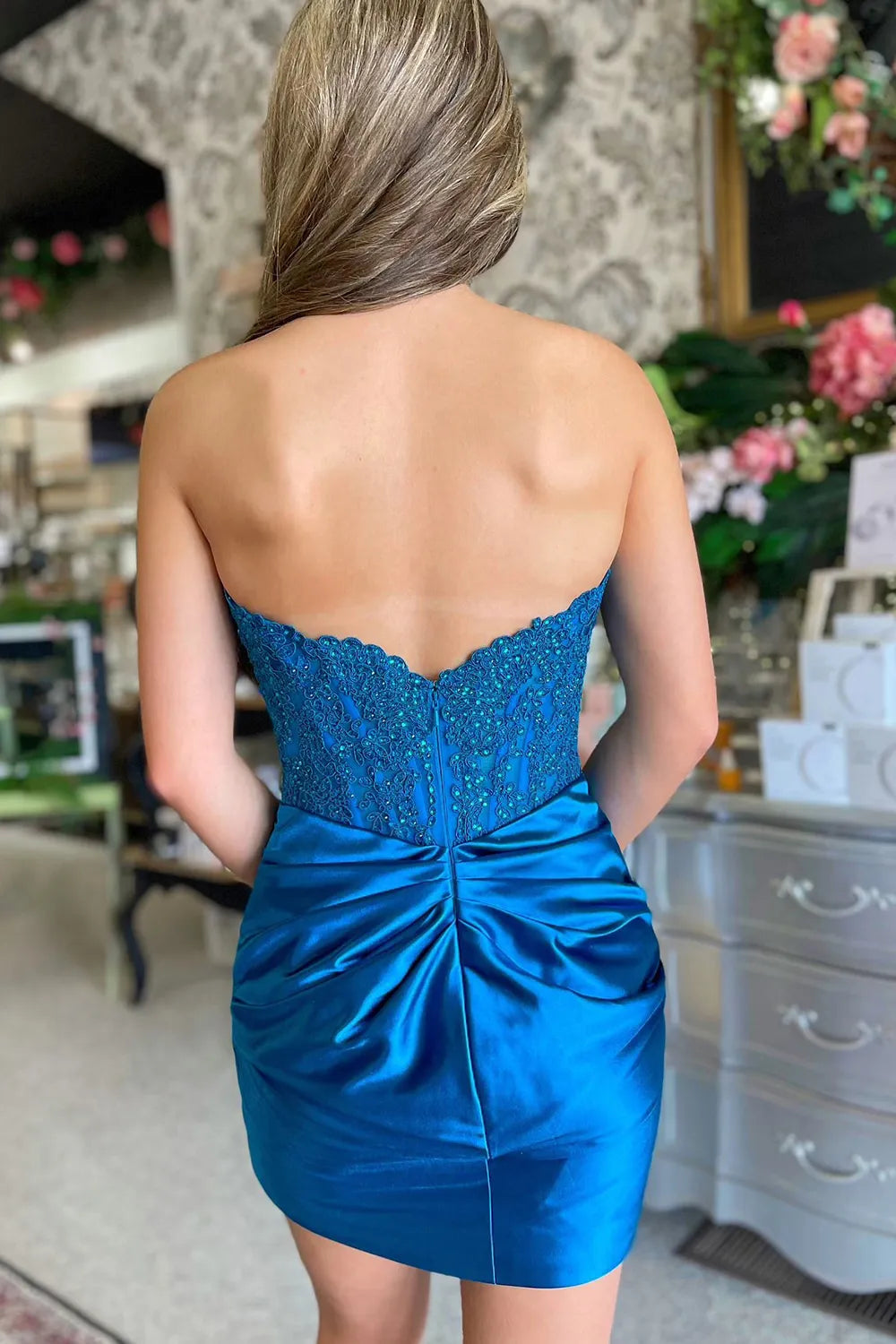 Strapless Lace & Satin Homecoming Dress | Beaded Sweetheart Mini Party Gown