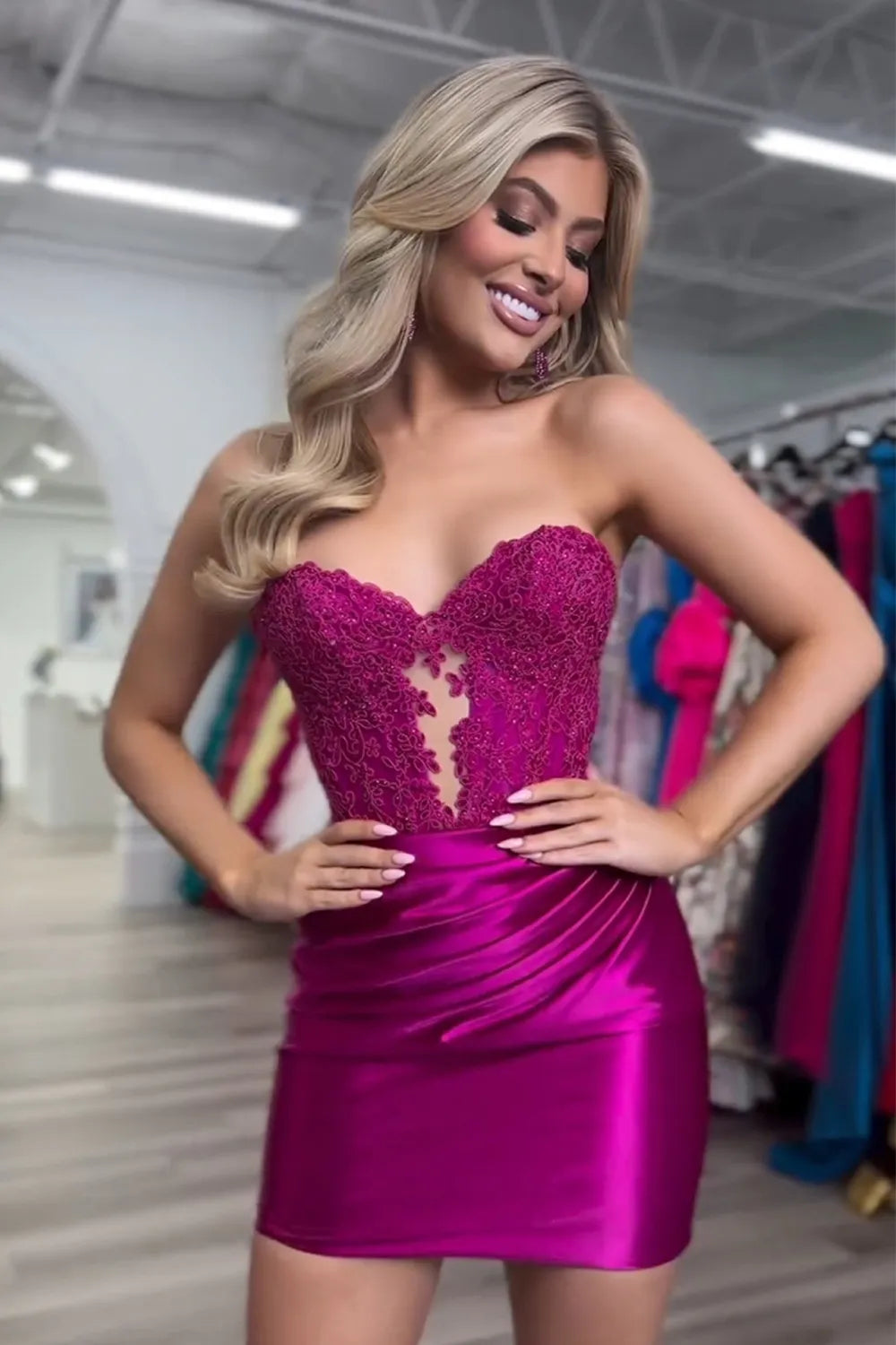 Strapless Lace & Satin Homecoming Dress | Beaded Sweetheart Mini Party Gown