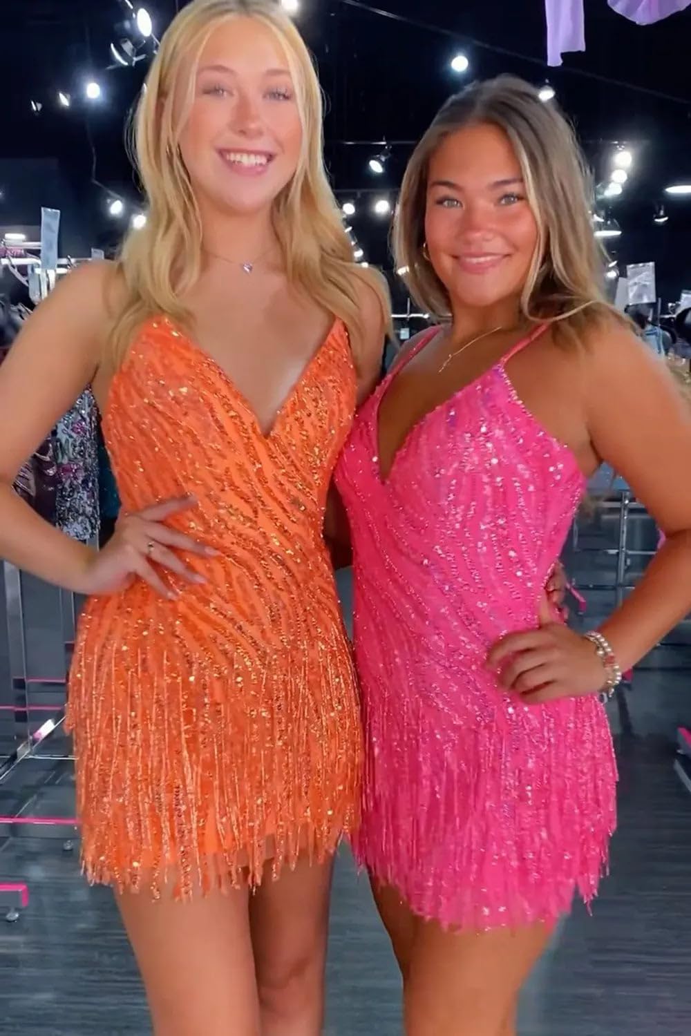 Sparkly Beaded Fringe Homecoming Dress | V-Neck Spaghetti Strap Short Prom Gown