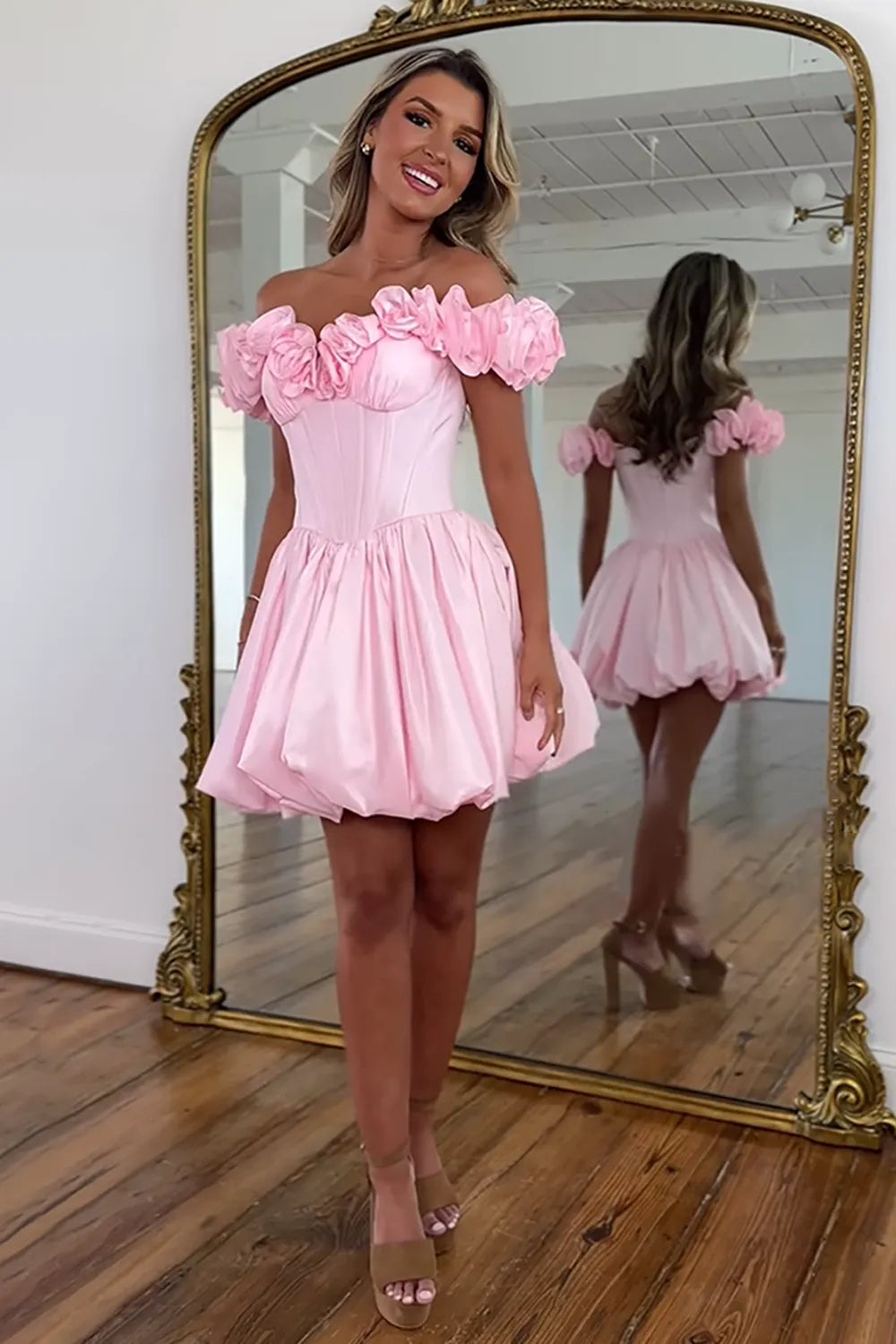 Off-the-Shoulder Ruffle Homecoming Dress | Corset Bodice Bubble Hem Mini Party Gown