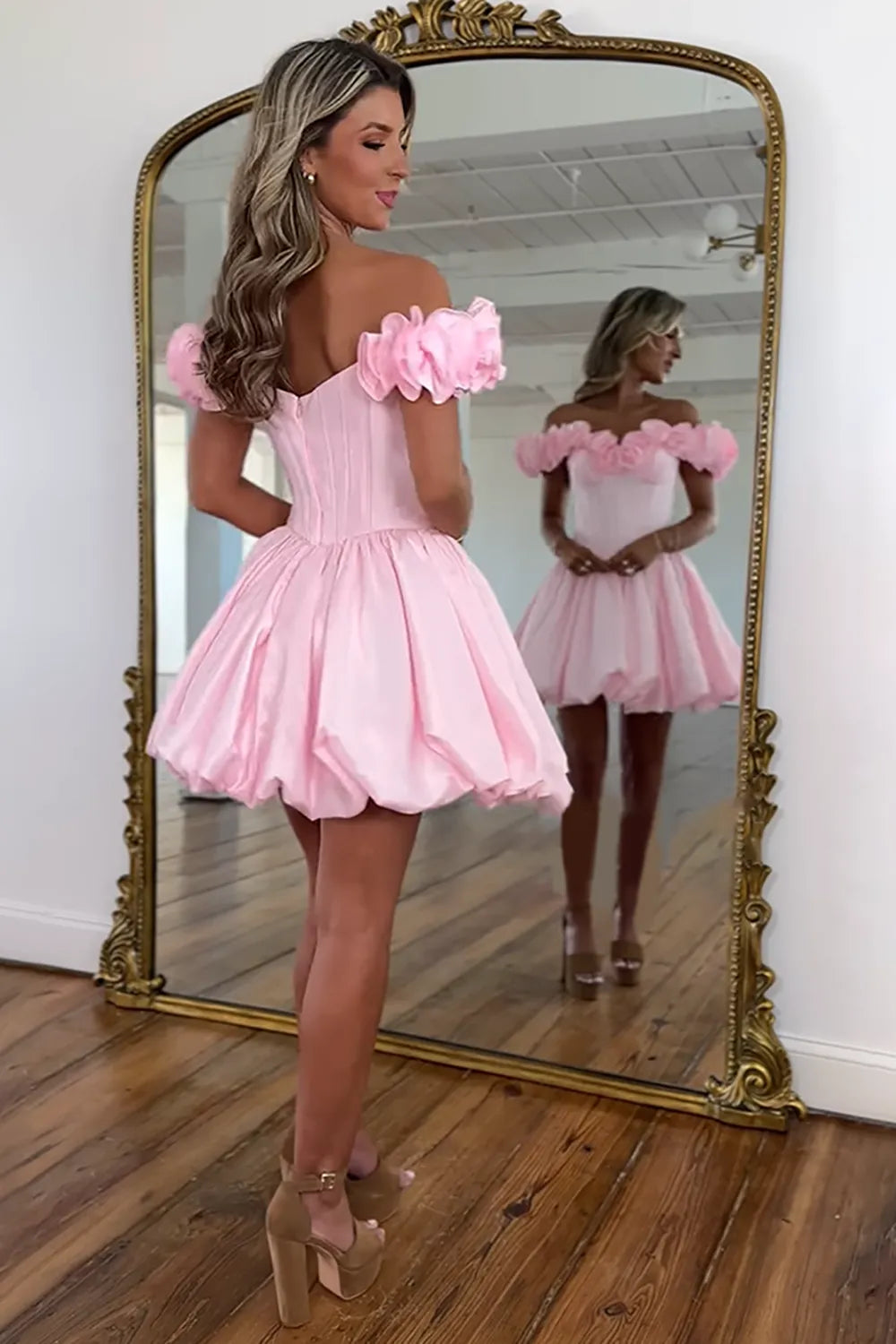 Off-the-Shoulder Ruffle Homecoming Dress | Corset Bodice Bubble Hem Mini Party Gown