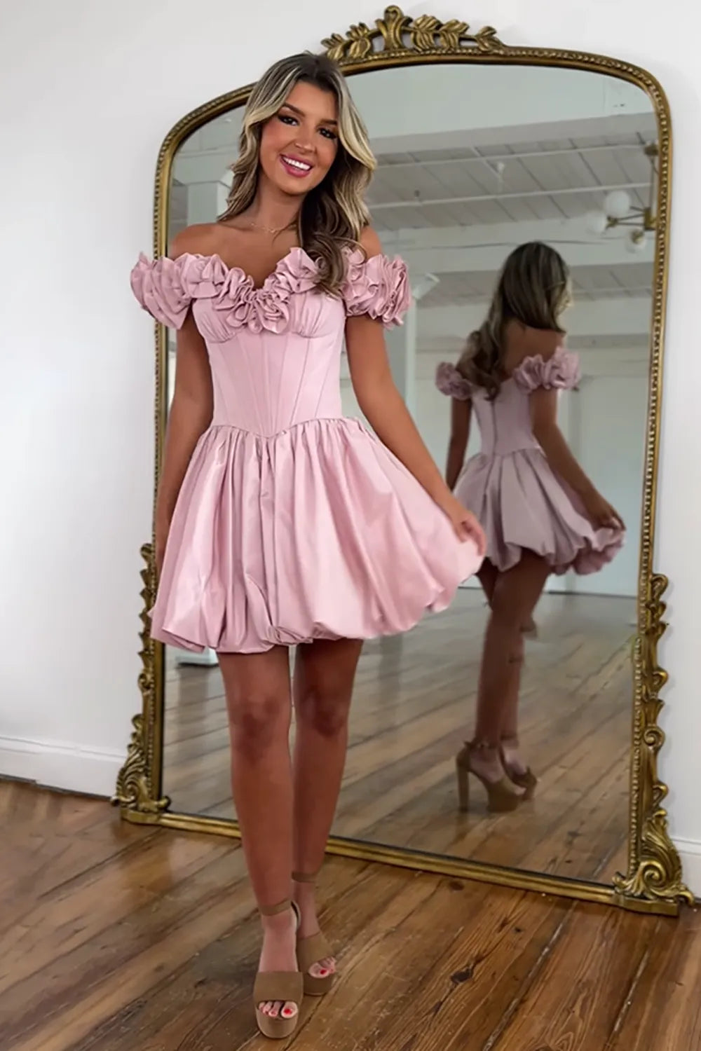 Off-the-Shoulder Ruffle Homecoming Dress | Corset Bodice Bubble Hem Mini Party Gown