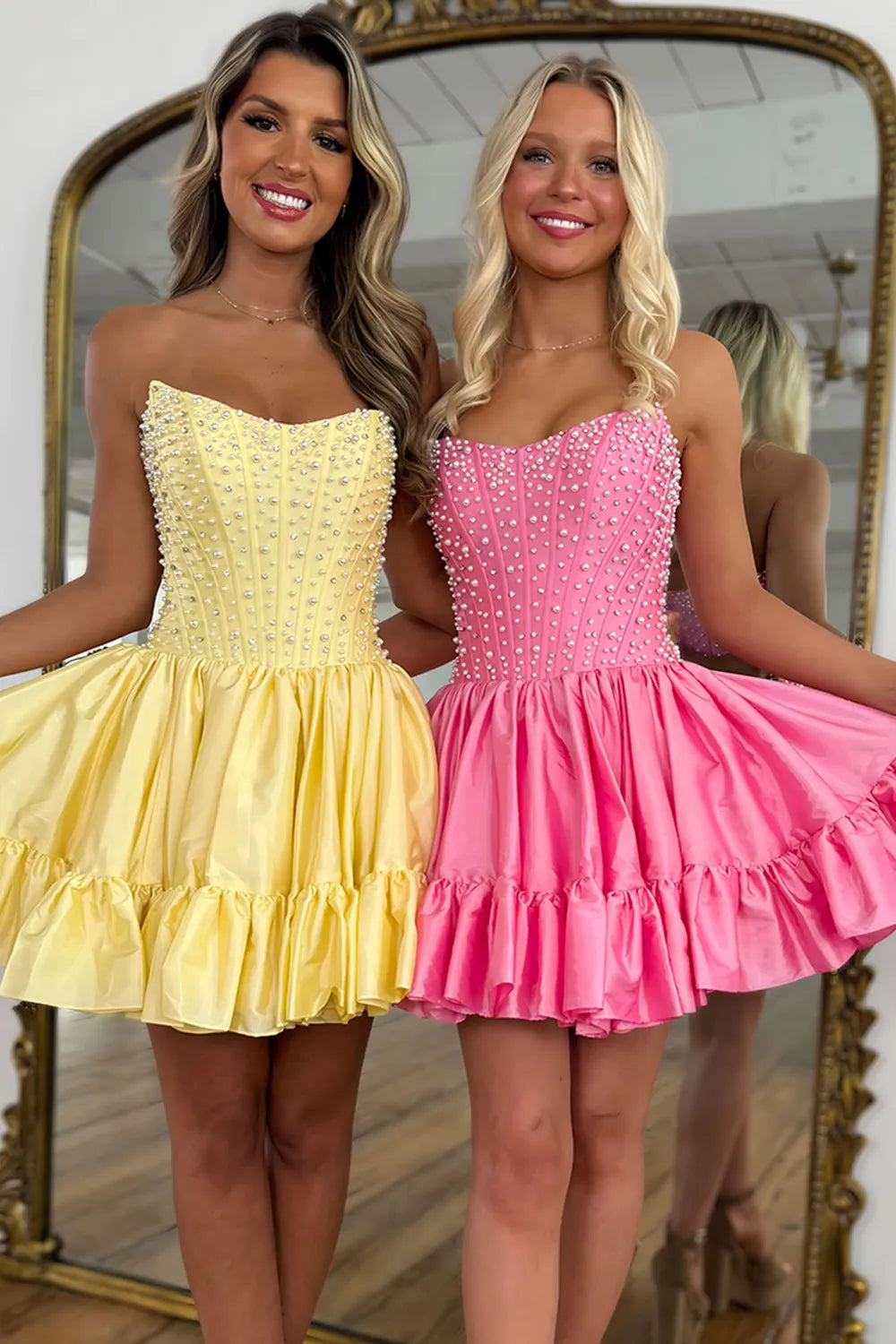 Strapless Pearl Embellished Corset Homecoming Dress | Ruffled Hem A-Line Mini Party Gown