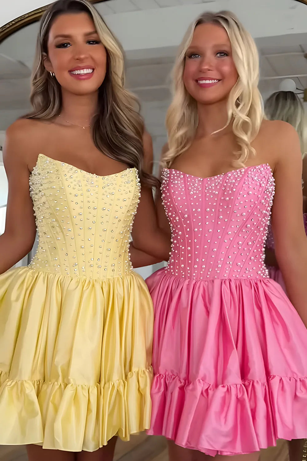 Strapless Pearl Embellished Corset Homecoming Dress | Ruffled Hem A-Line Mini Party Gown