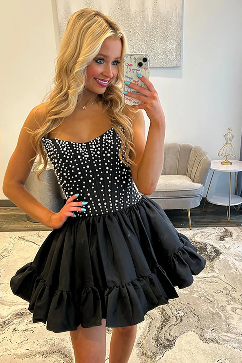 Strapless Pearl Embellished Corset Homecoming Dress | Ruffled Hem A-Line Mini Party Gown
