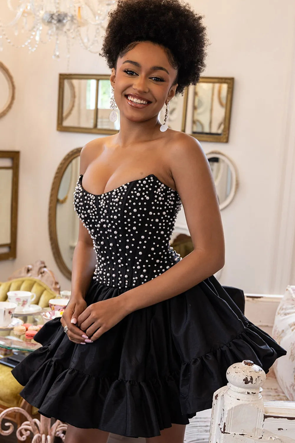 Strapless Pearl Embellished Corset Homecoming Dress | Ruffled Hem A-Line Mini Party Gown