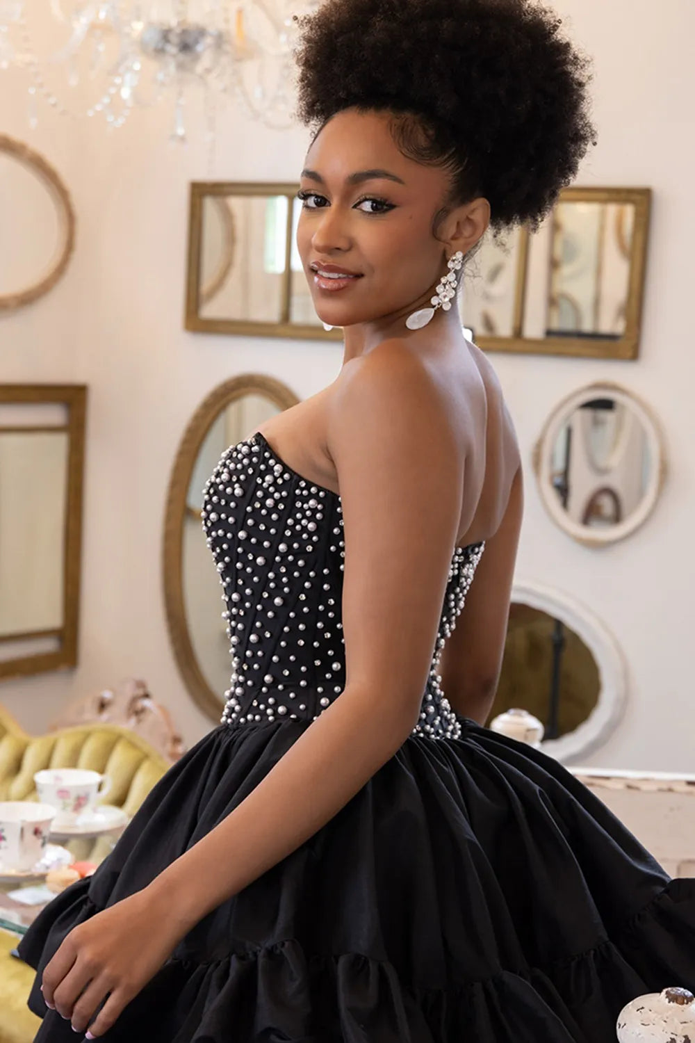 Strapless Pearl Embellished Corset Homecoming Dress | Ruffled Hem A-Line Mini Party Gown