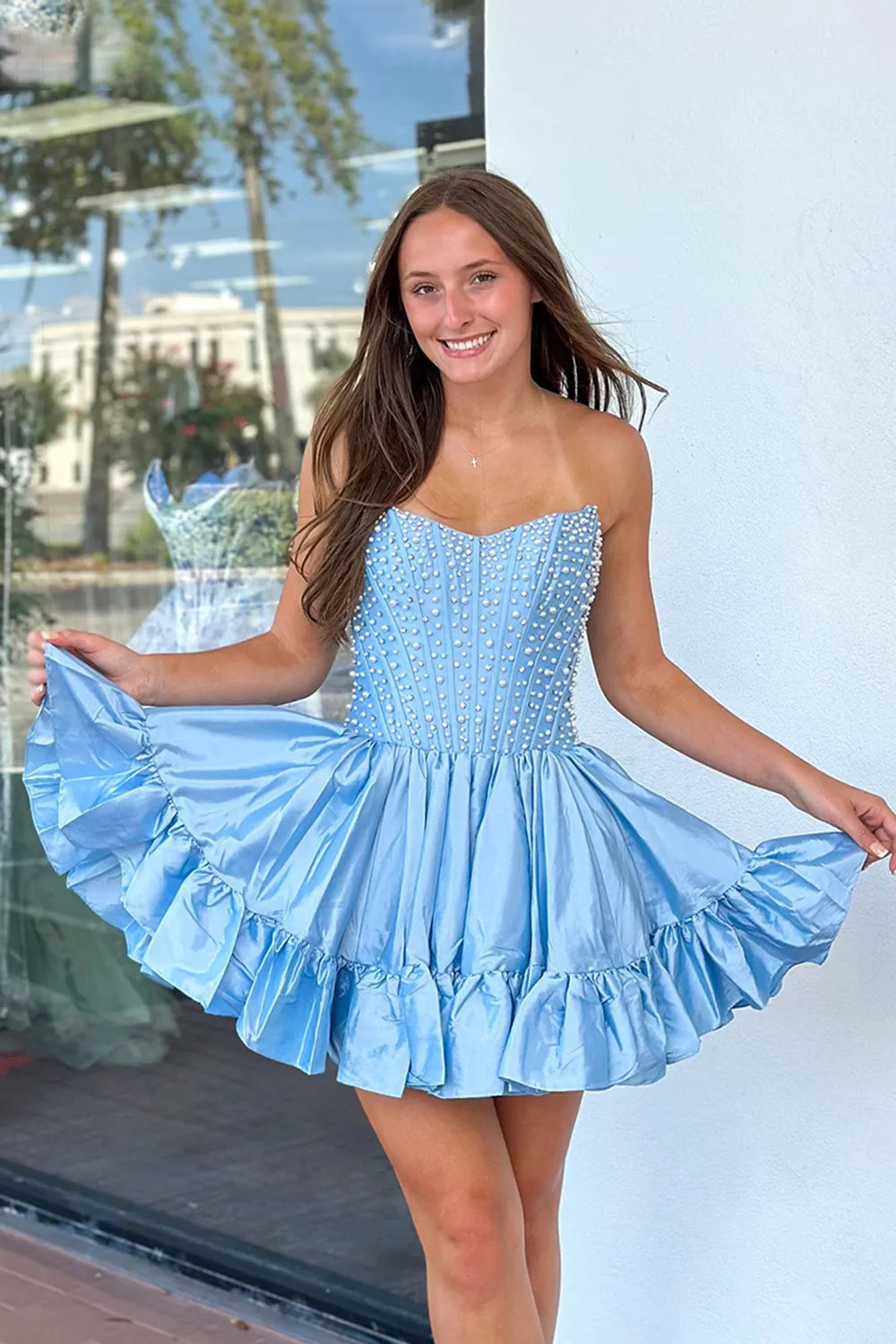 Strapless Pearl Embellished Corset Homecoming Dress | Ruffled Hem A-Line Mini Party Gown