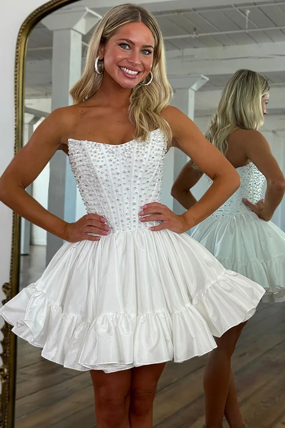 Strapless Pearl Embellished Corset Homecoming Dress | Ruffled Hem A-Line Mini Party Gown