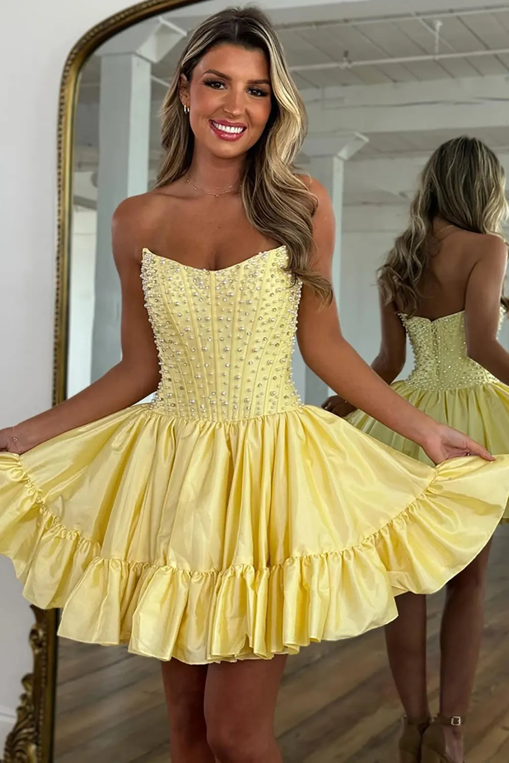 Strapless Pearl Embellished Corset Homecoming Dress | Ruffled Hem A-Line Mini Party Gown