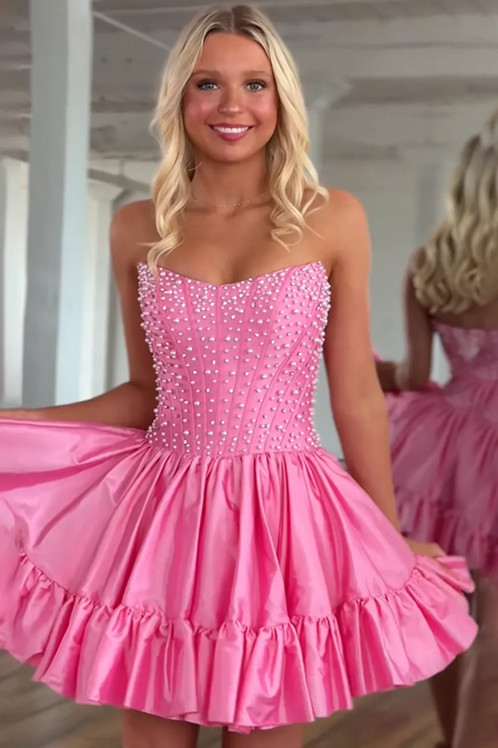 Strapless Pearl Embellished Corset Homecoming Dress | Ruffled Hem A-Line Mini Party Gown