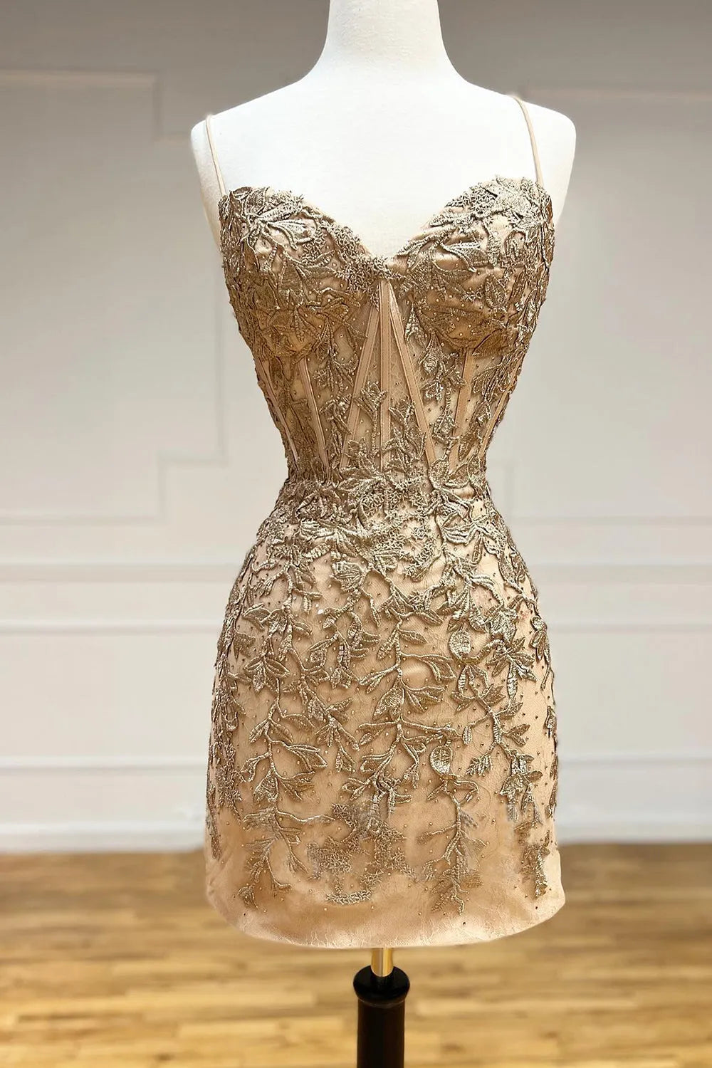 Floral Appliqué Homecoming Dress | Crisscross Lace-Up Back Spaghetti Strap Mini Party Gown