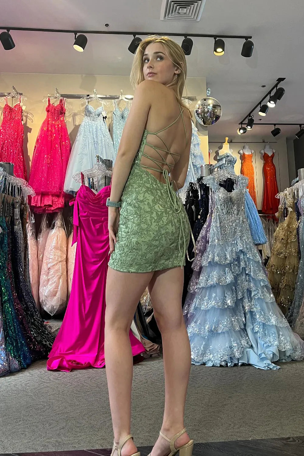 Floral Appliqué Homecoming Dress | Crisscross Lace-Up Back Spaghetti Strap Mini Party Gown