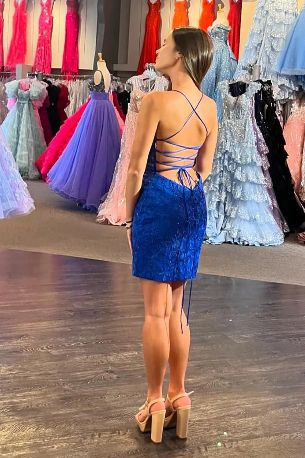 Floral Appliqué Homecoming Dress | Crisscross Lace-Up Back Spaghetti Strap Mini Party Gown