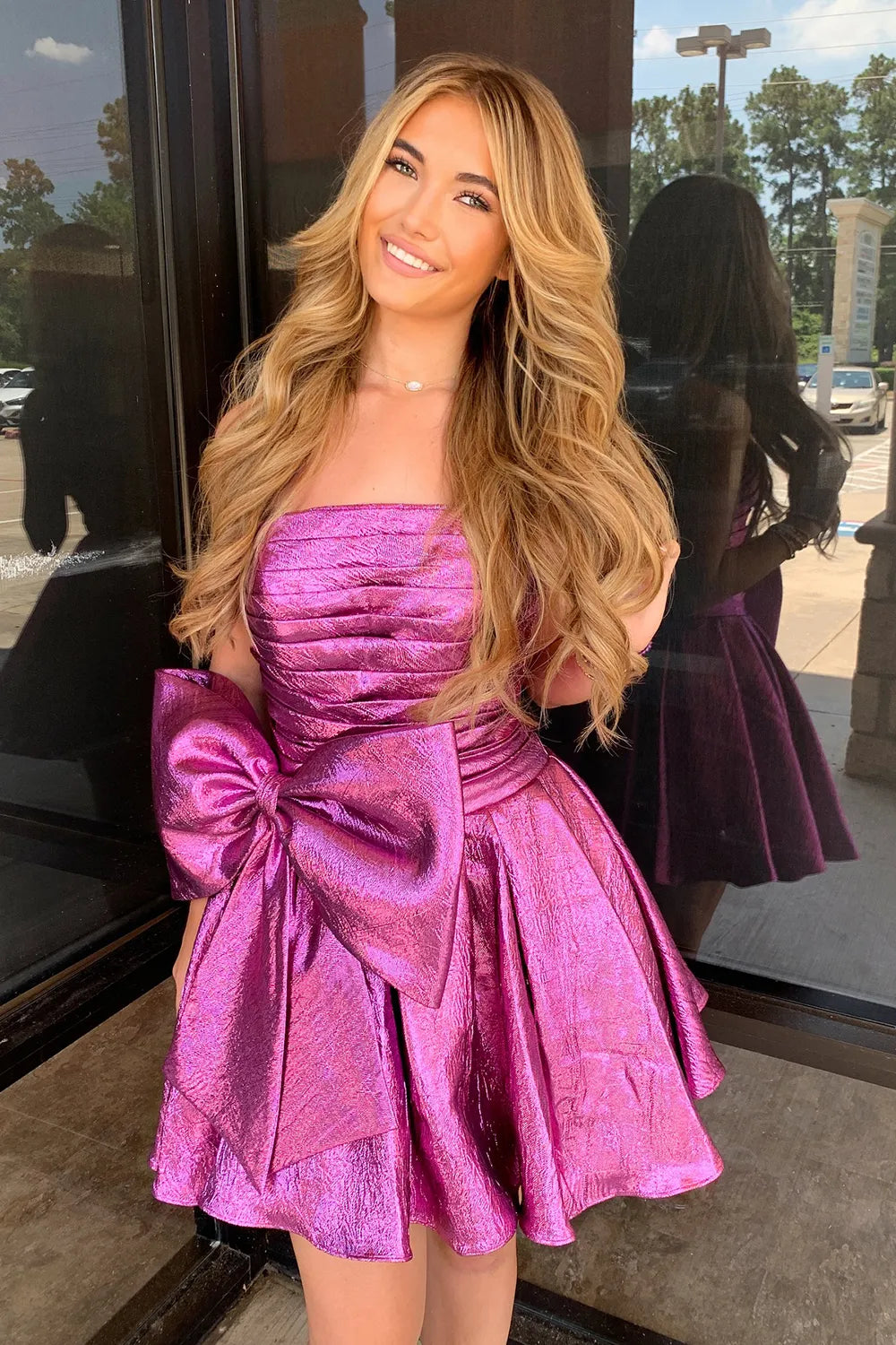 Strapless Metallic Homecoming Dress | Ruched Bodice Bow Waist Puff Mini Party Gown