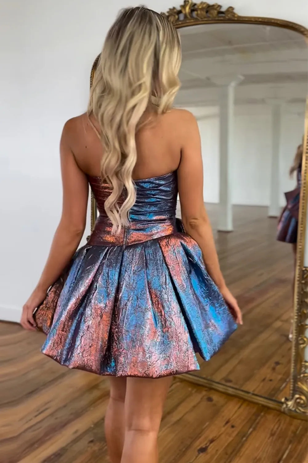 Strapless Metallic Homecoming Dress | Ruched Bodice Bow Waist Puff Mini Party Gown