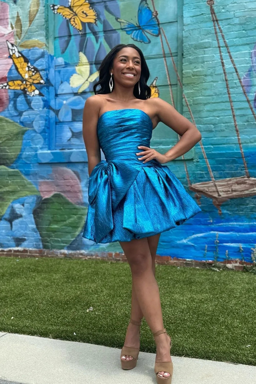 Strapless Metallic Homecoming Dress | Ruched Bodice Bow Waist Puff Mini Party Gown