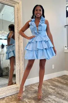 Halter Ruffle Homecoming Dress | Tiered A-Line Satin Mini Party Gown
