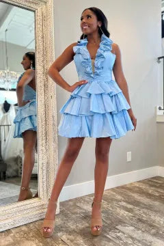 Halter Ruffle Homecoming Dress | Tiered A-Line Satin Mini Party Gown