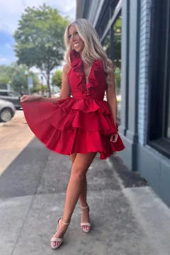 Halter Ruffle Homecoming Dress | Tiered A-Line Satin Mini Party Gown