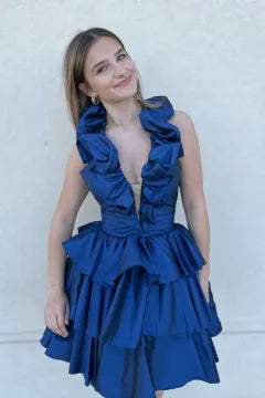 Halter Ruffle Homecoming Dress | Tiered A-Line Satin Mini Party Gown