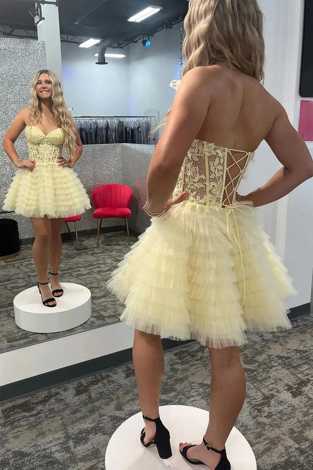 Strapless Lace-Up Homecoming Dress | Tiered Ruffled Tulle Mini Party Gown