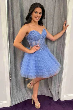 Strapless Lace-Up Homecoming Dress | Tiered Ruffled Tulle Mini Party Gown