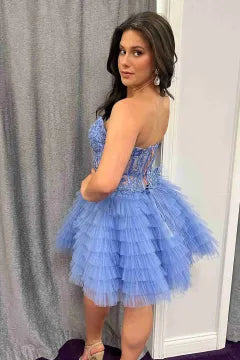 Strapless Lace-Up Homecoming Dress | Tiered Ruffled Tulle Mini Party Gown