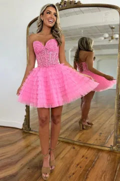 Strapless Lace-Up Homecoming Dress | Tiered Ruffled Tulle Mini Party Gown