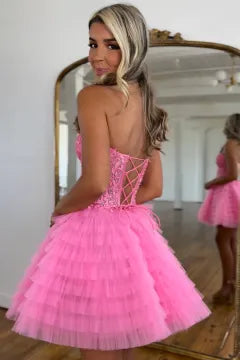 Strapless Lace-Up Homecoming Dress | Tiered Ruffled Tulle Mini Party Gown