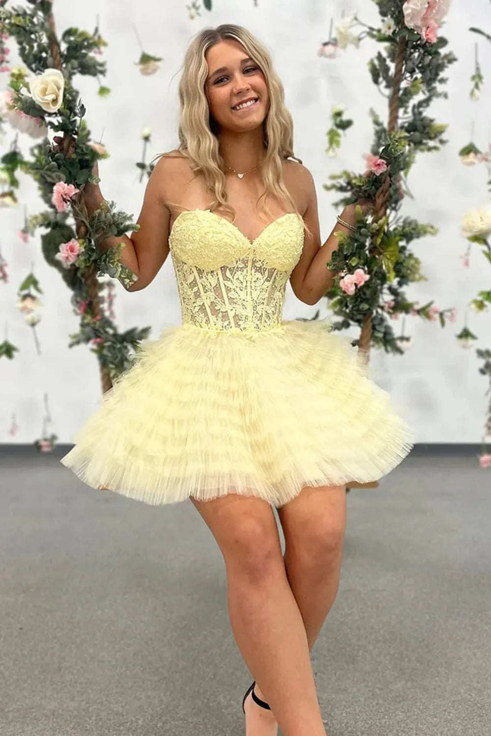 Strapless Lace-Up Homecoming Dress | Tiered Ruffled Tulle Mini Party Gown