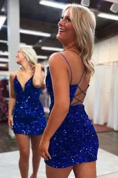 Spaghetti Strap Deep V Sequin Homecoming Dress | Crisscross Lace-Up Back Slit Bodycon Mini Dress