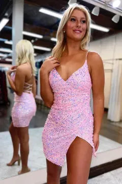 Spaghetti Strap Deep V Sequin Homecoming Dress | Crisscross Lace-Up Back Slit Bodycon Mini Dress