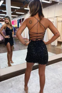 Spaghetti Strap Deep V Sequin Homecoming Dress | Crisscross Lace-Up Back Slit Bodycon Mini Dress