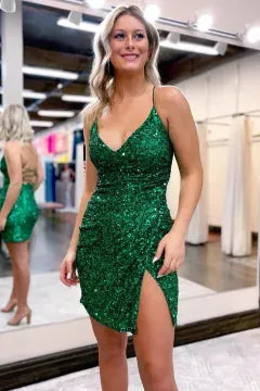 Spaghetti Strap Deep V Sequin Homecoming Dress | Crisscross Lace-Up Back Slit Bodycon Mini Dress