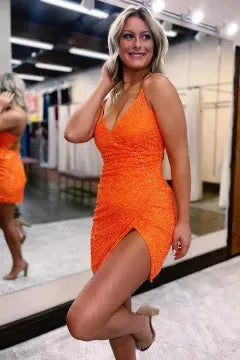 Spaghetti Strap Deep V Sequin Homecoming Dress | Crisscross Lace-Up Back Slit Bodycon Mini Dress