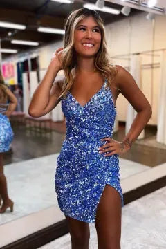 Spaghetti Strap Deep V Sequin Homecoming Dress | Crisscross Lace-Up Back Slit Bodycon Mini Dress