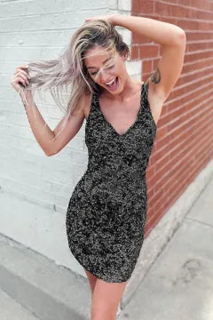 V-Neck Sequin Homecoming Dress | Crisscross Cutout Back Bodycon Mini Dress