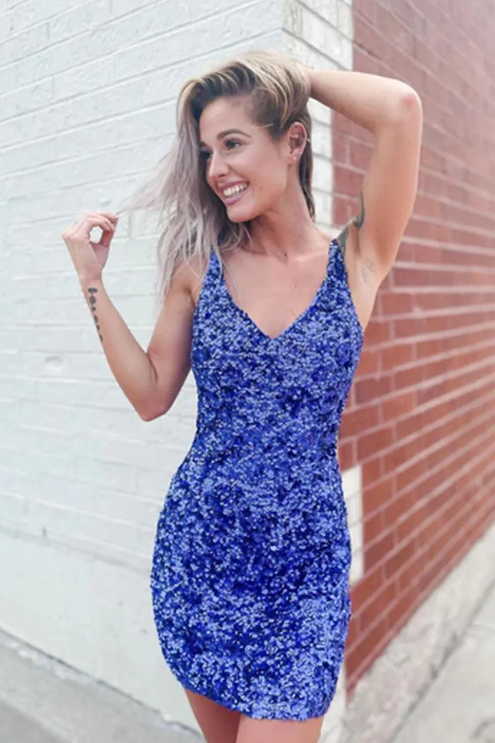 V-Neck Sequin Homecoming Dress | Crisscross Cutout Back Bodycon Mini Dress