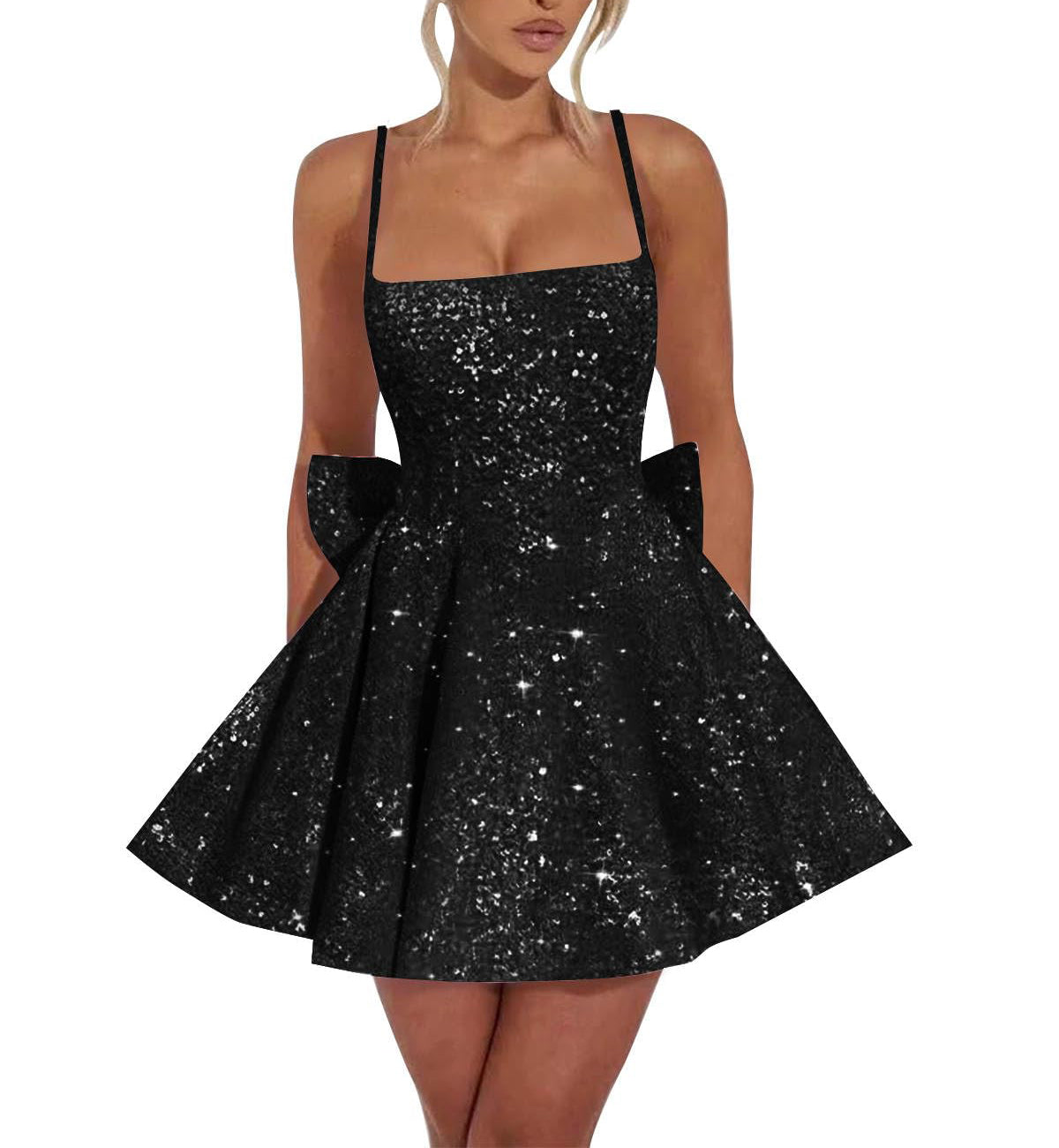 Square Neck Sequin Homecoming Dress | A-Line Mini Skirt with Back Bow Detail