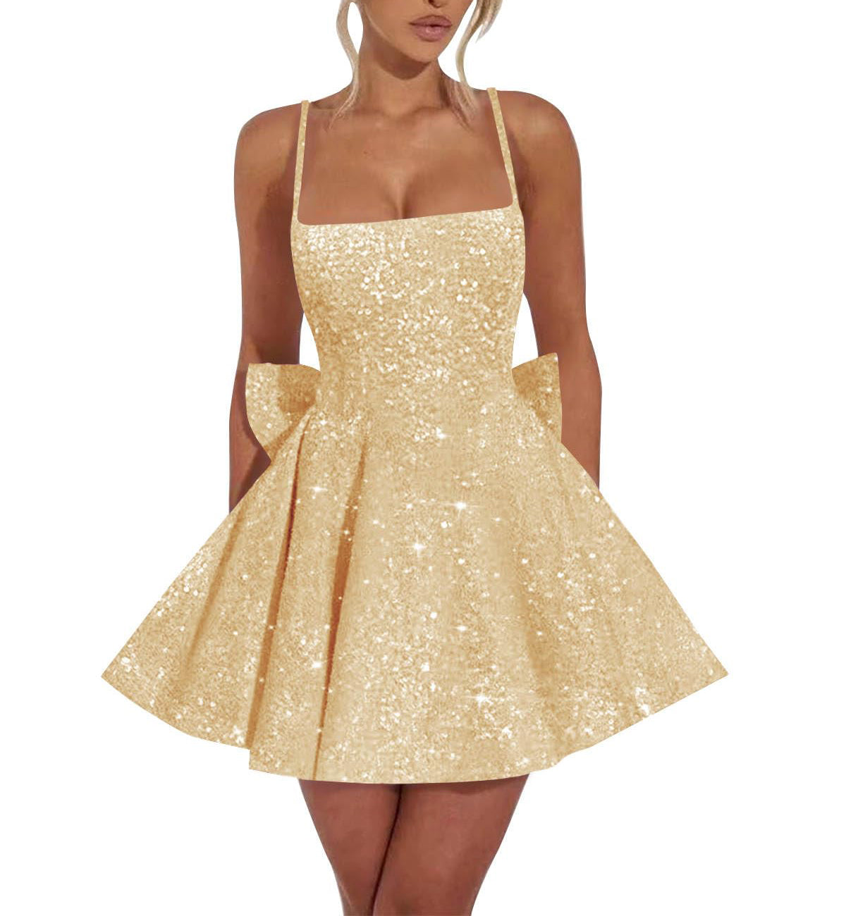 Square Neck Sequin Homecoming Dress | A-Line Mini Skirt with Back Bow Detail