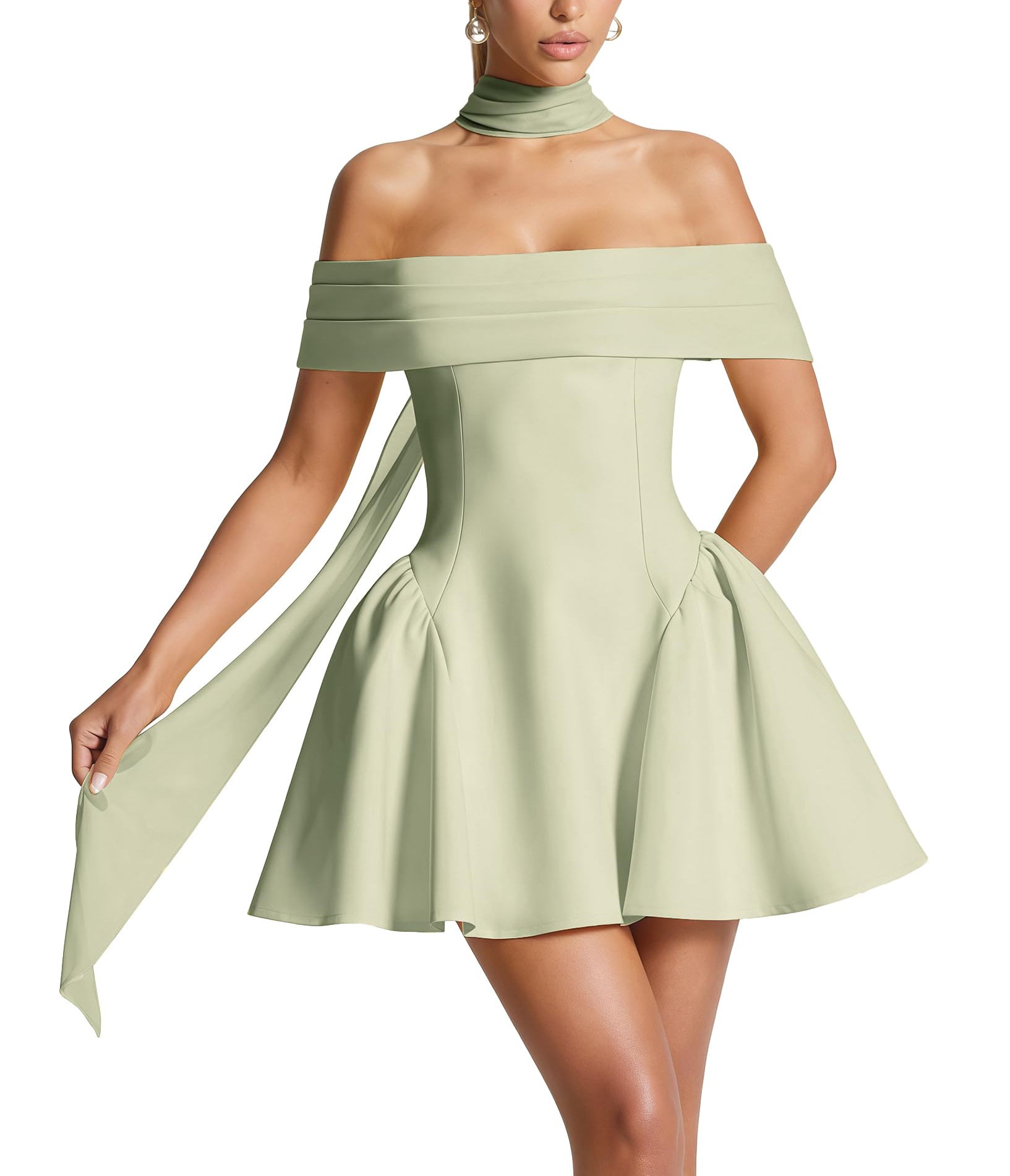 Off-the-Shoulder Homecoming Dress with Choker Scarf | Lace-Up Back Flare Skirt Mini Prom Gown