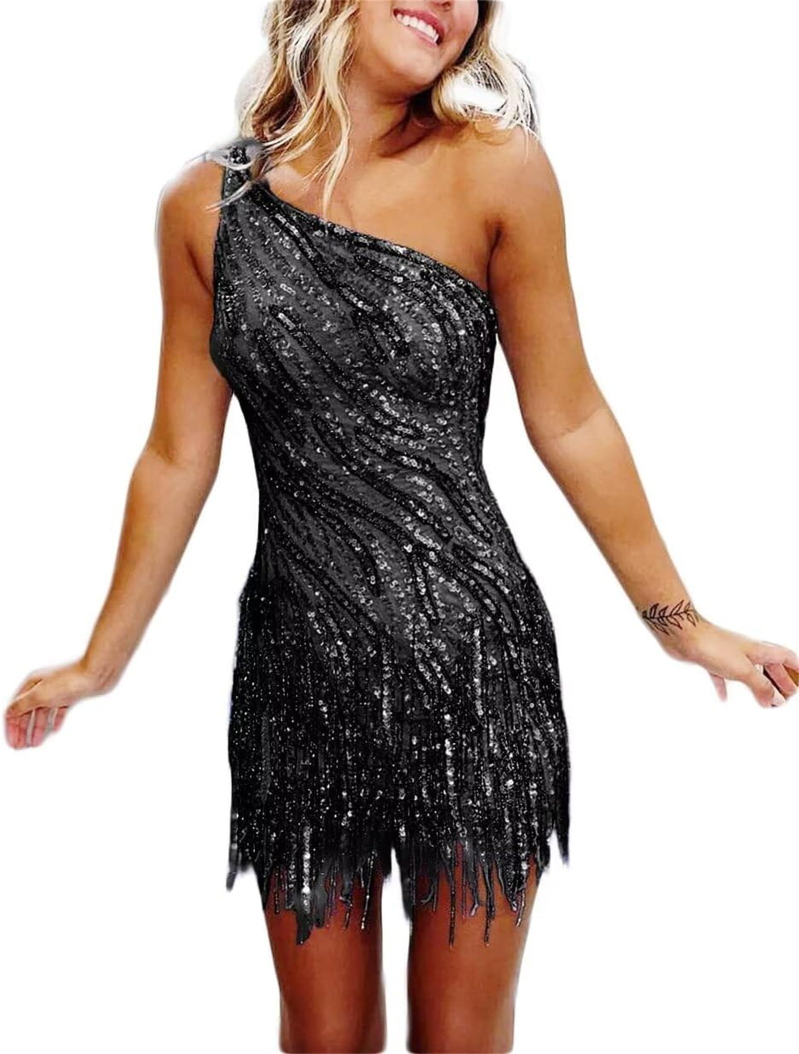 One-Shoulder Sequin Fringe Homecoming Dress | Sparkly Bodycon Short Prom Gown