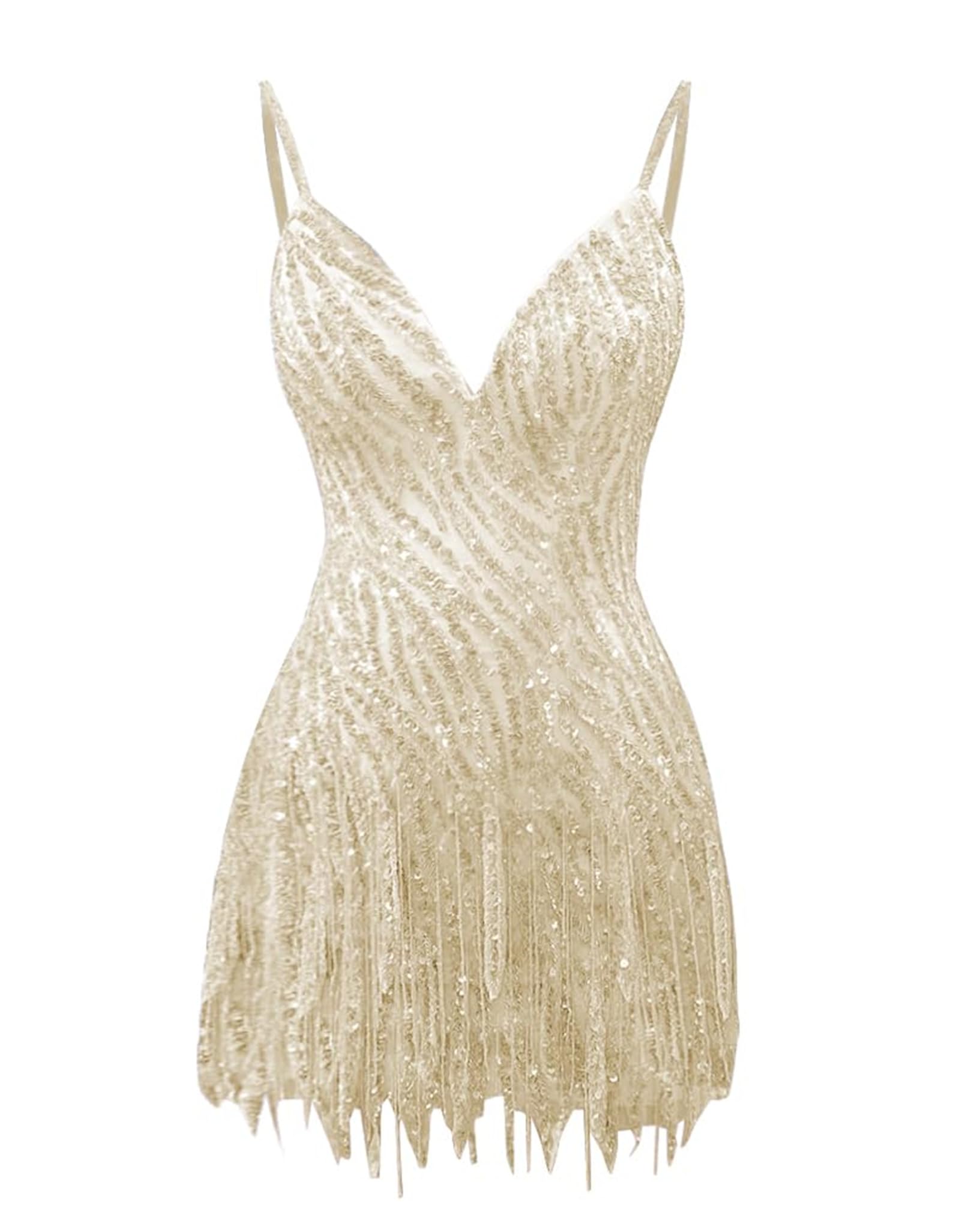 Sparkly Beaded Fringe Homecoming Dress | V-Neck Spaghetti Strap Short Prom Gown