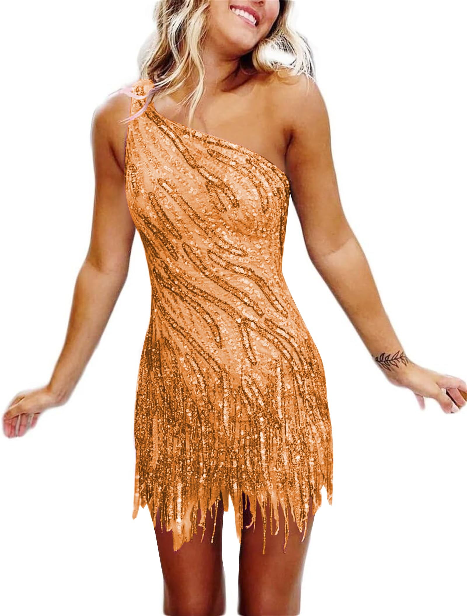 One-Shoulder Sequin Fringe Homecoming Dress | Sparkly Bodycon Short Prom Gown